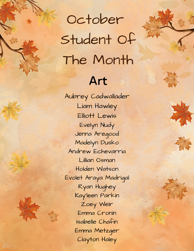 Fall themed poster congratulating October Students of the Month for Art