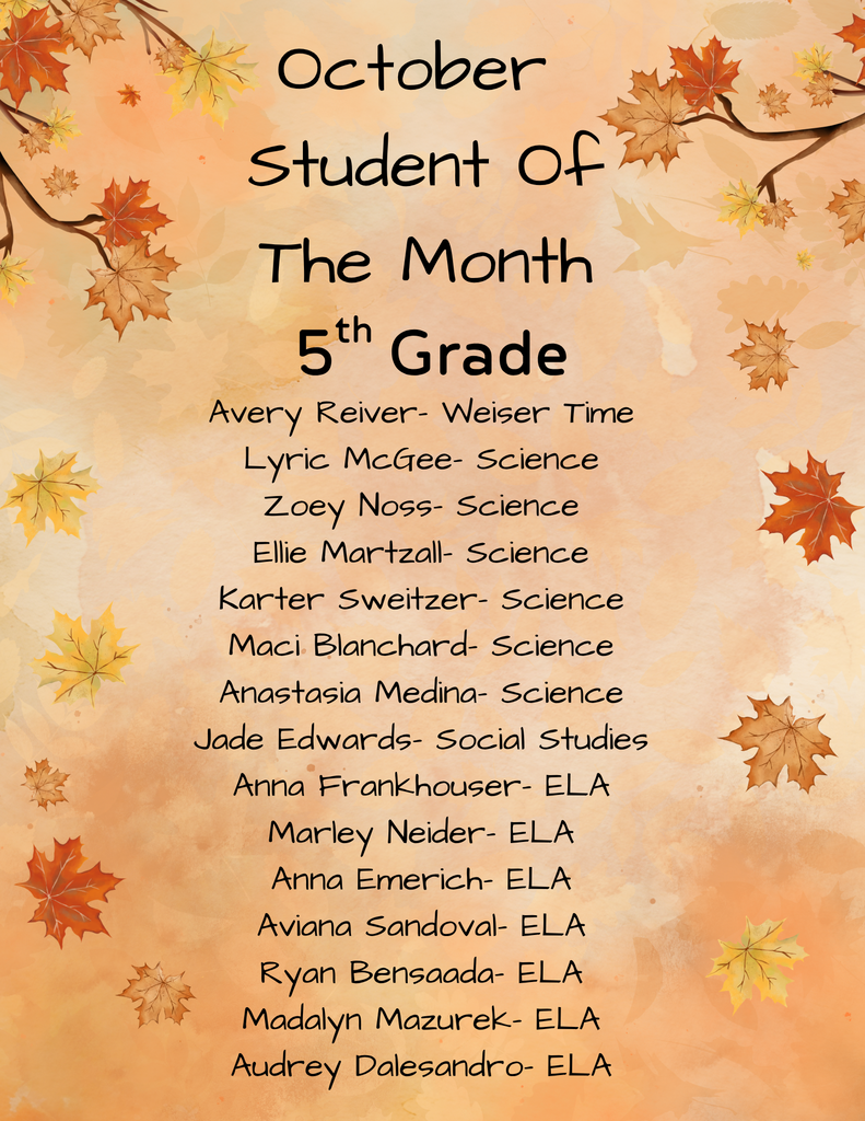 Fall themed poster congratulating October Students of the Month for 5th Grade