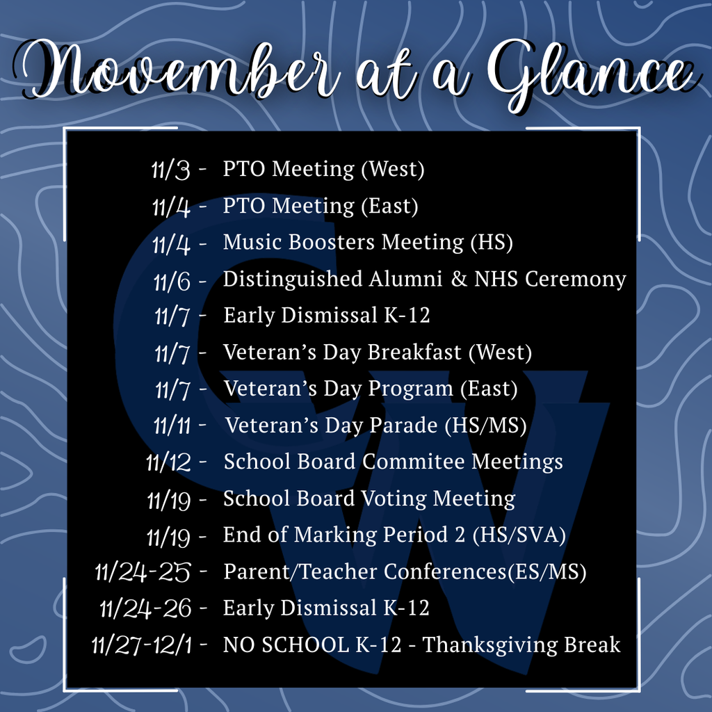 NOvember meetings district wide, blue background, white writing