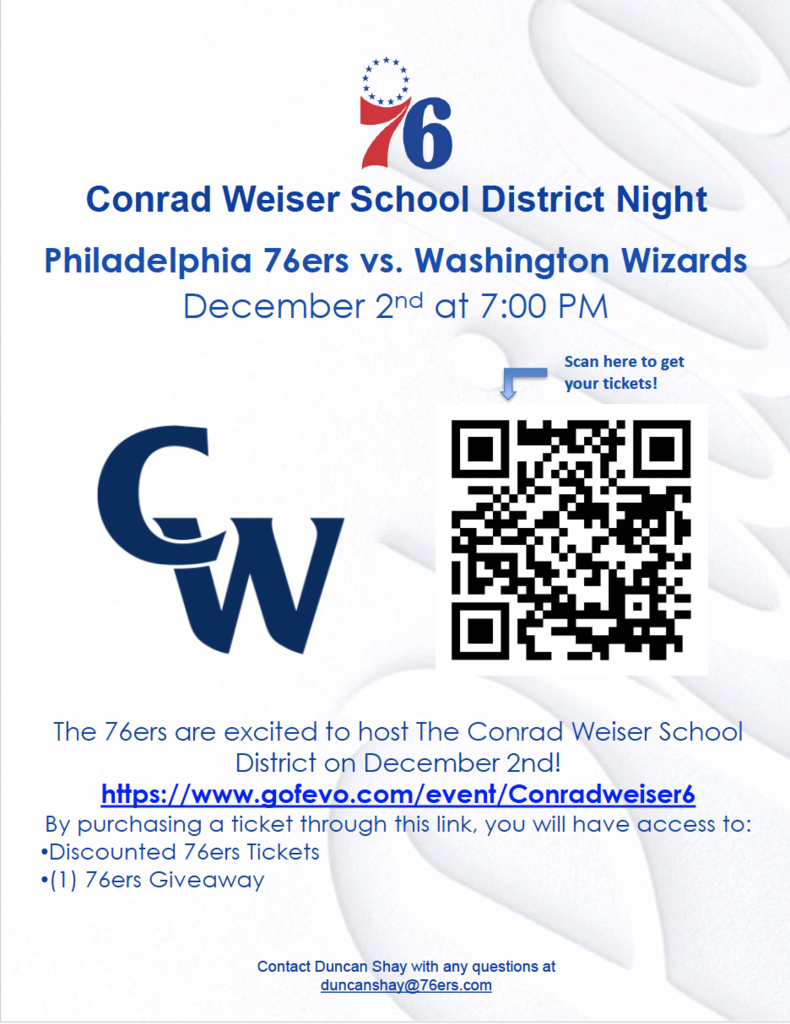 Conrad Weiser night at the Philadelphia 76ers DECEMBER 2nd vs. the Wizards
