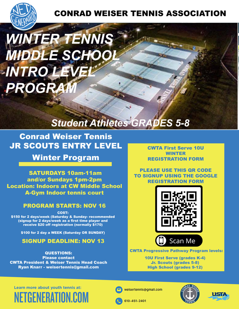 CW Tennis Intro Level Middle School WINTER tennis program starts Nov 16 