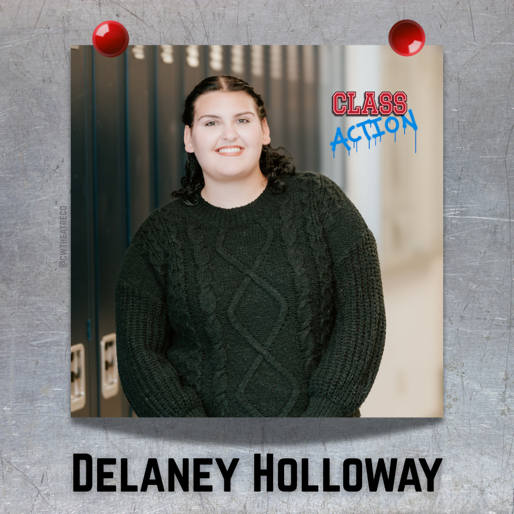 "This is a photo of a girl, that looks like it is hung on a metal (locker) surface with two red magnets, featuring the show logo and her name in black font below. "