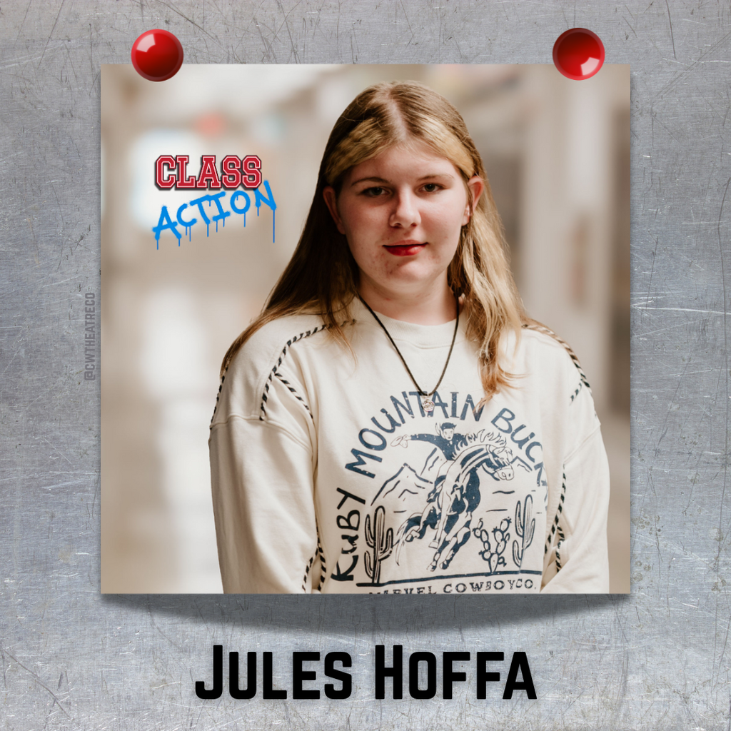 "This is a photo of a girl, that looks like it is hung on a metal (locker) surface with two red magnets, featuring the show logo and her name in black font below. "