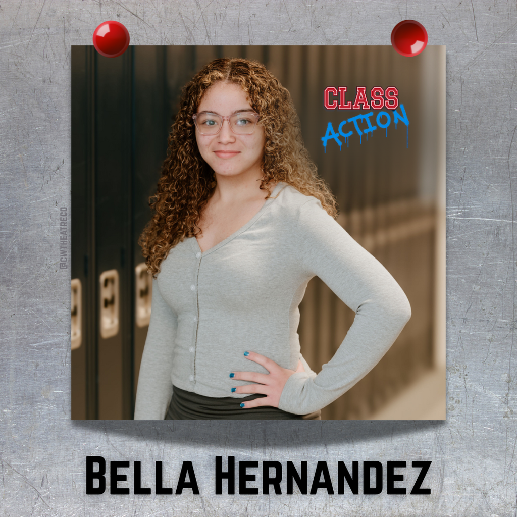 "This is a photo of a girl, that looks like it is hung on a metal (locker) surface with two red magnets, featuring the show logo and her name in black font below. "