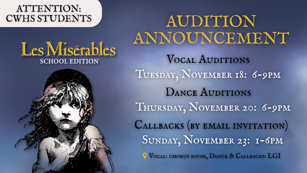 Gold Les Misérables logo on a navy-blue background with the iconic black-and-white image of Young Cosette, her hair blowing in the wind.