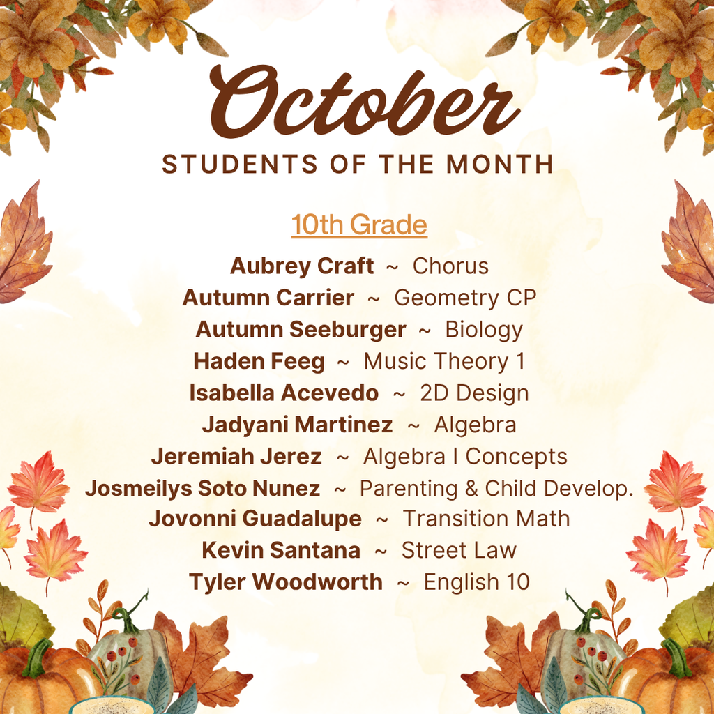 October Students of the Month - 10th Grade