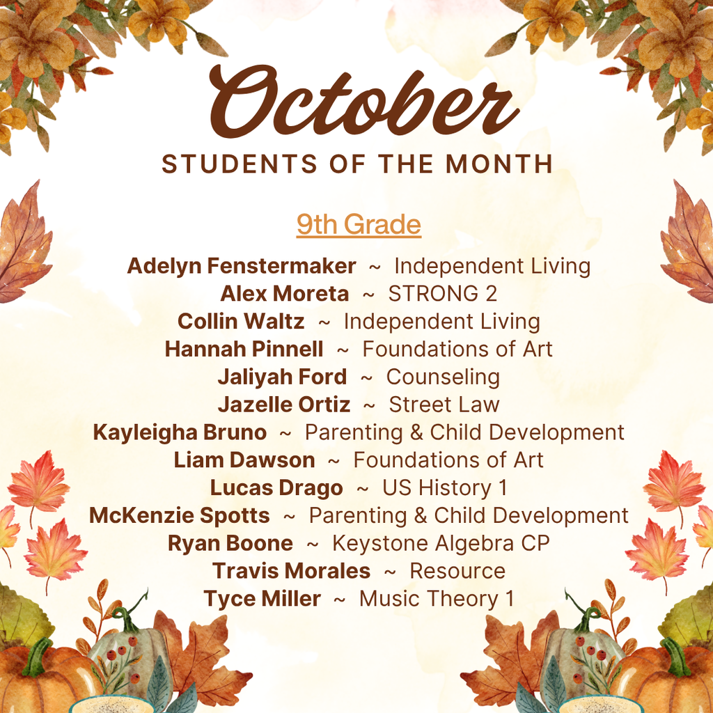 October Students of the Month - 9th Grade