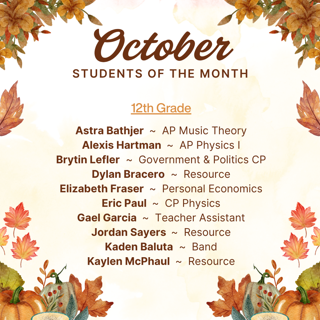 October Students of the Month - 12th Grade