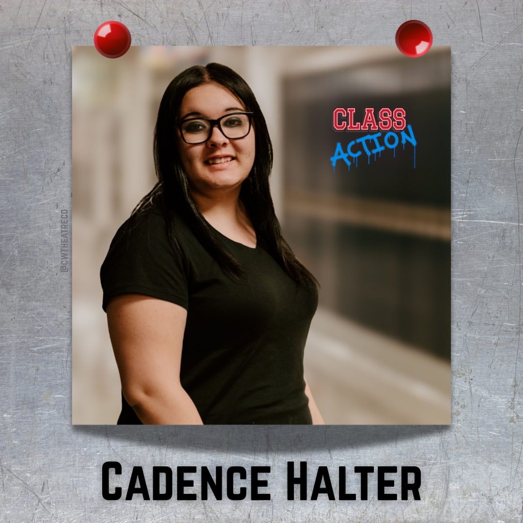 This is a photo of a girl, that looks like it is hung on a metal (locker) surface with two red magnets, featuring the show logo and her name in black font below.