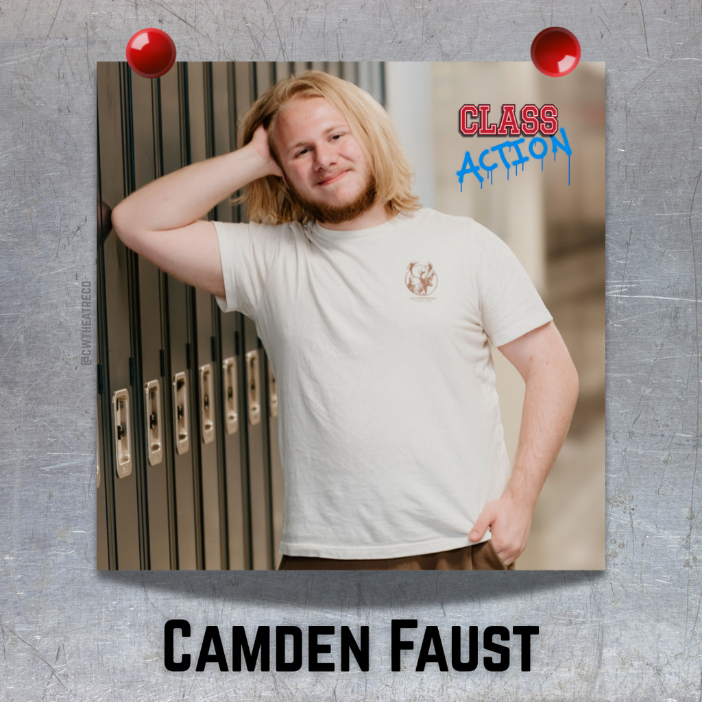 "This is a photo of a boy, that looks like it is hung on a metal (locker) surface with two red magnets, featuring the show logo and his name in black font below. "