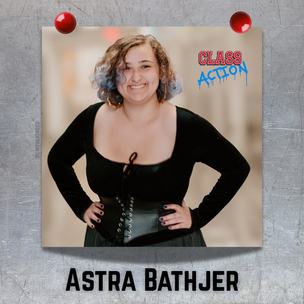 This is a photo of a girl, that looks like it is hung on a metal (locker) surface with two red magnets, featuring the show logo and her name in black font below.