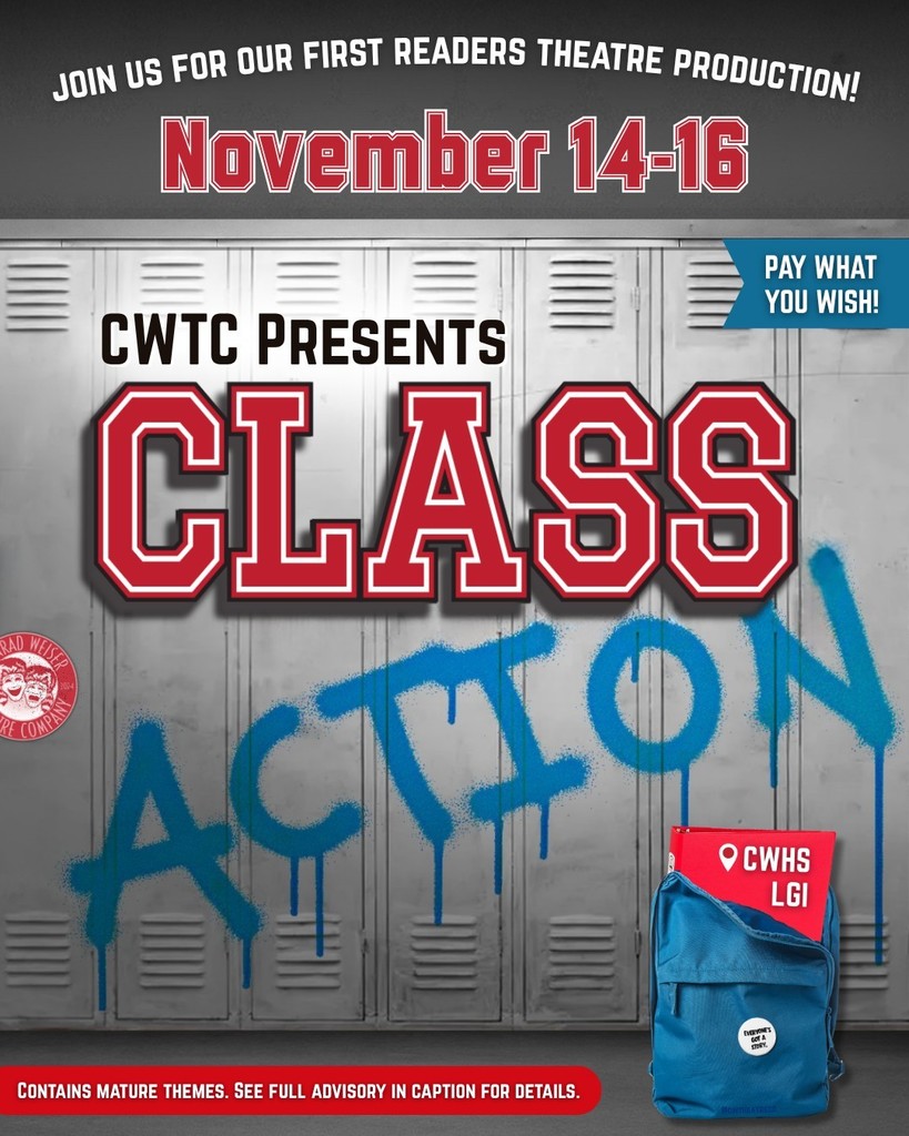 This graphic shows a set of lockers, with the blue and red show logo in the front, and an open backpack on the ground. 