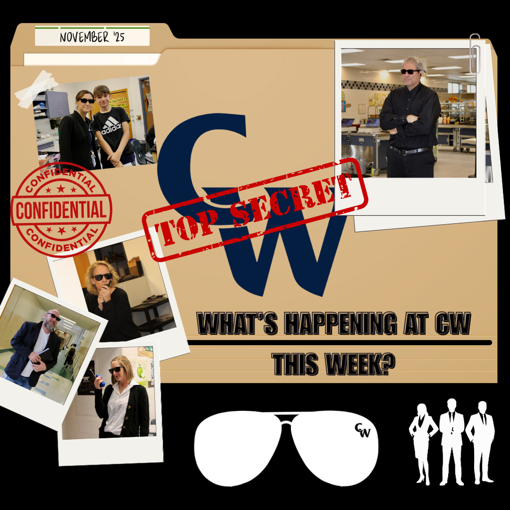 black background, tan file folder with CW, stamped TOP SECRET and Confidential, pictures of teachrs with sunglasses