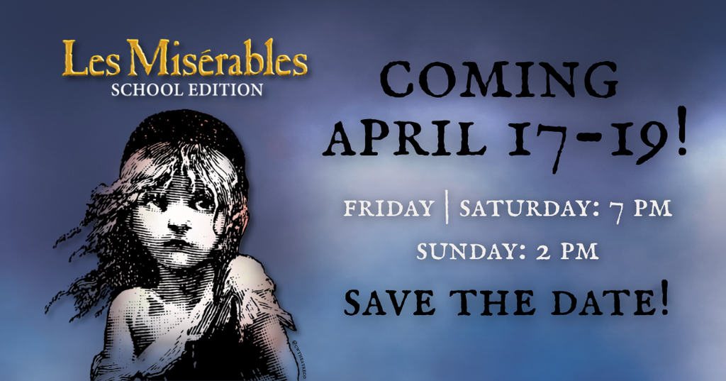 This graphic shows the character Cosette, mostly in B&W, against a navy background, and show information written in old style font.
