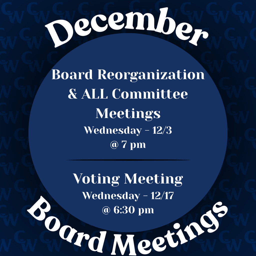 december board meeting dates and times, black background with blue CWs