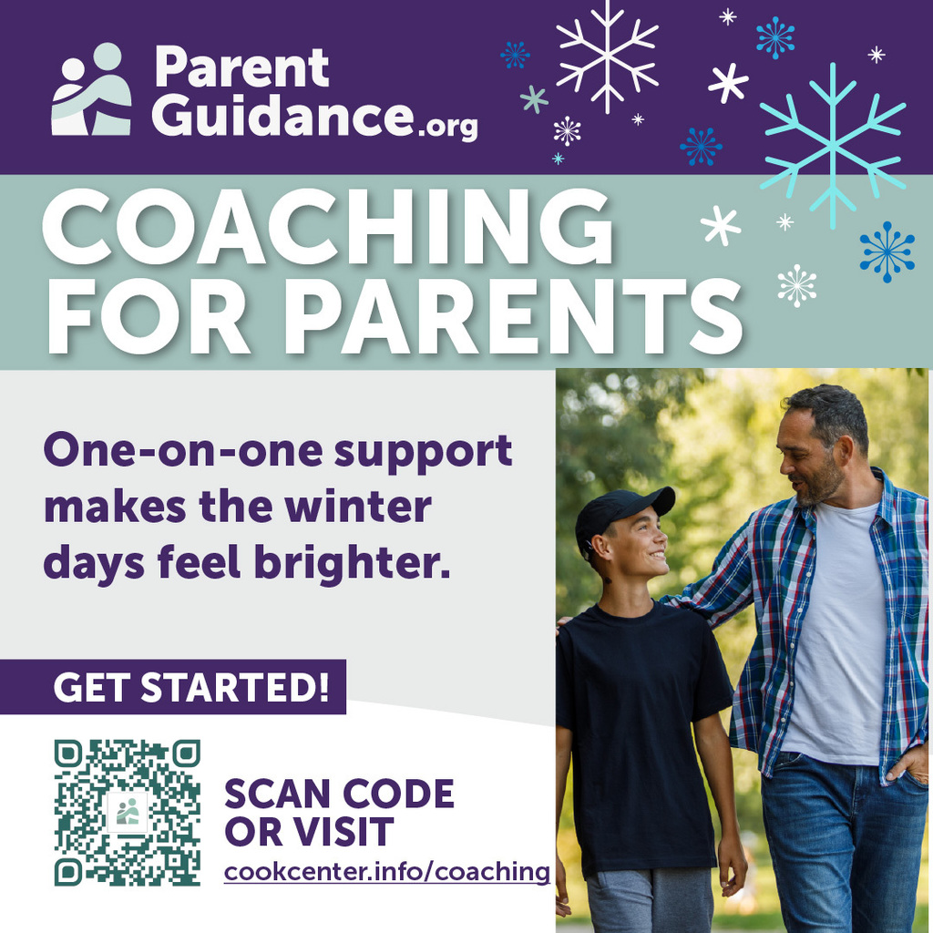 father and son walking together, smiling, QR code for parentguidance.org, snow flakes as seasonal decoration graphics