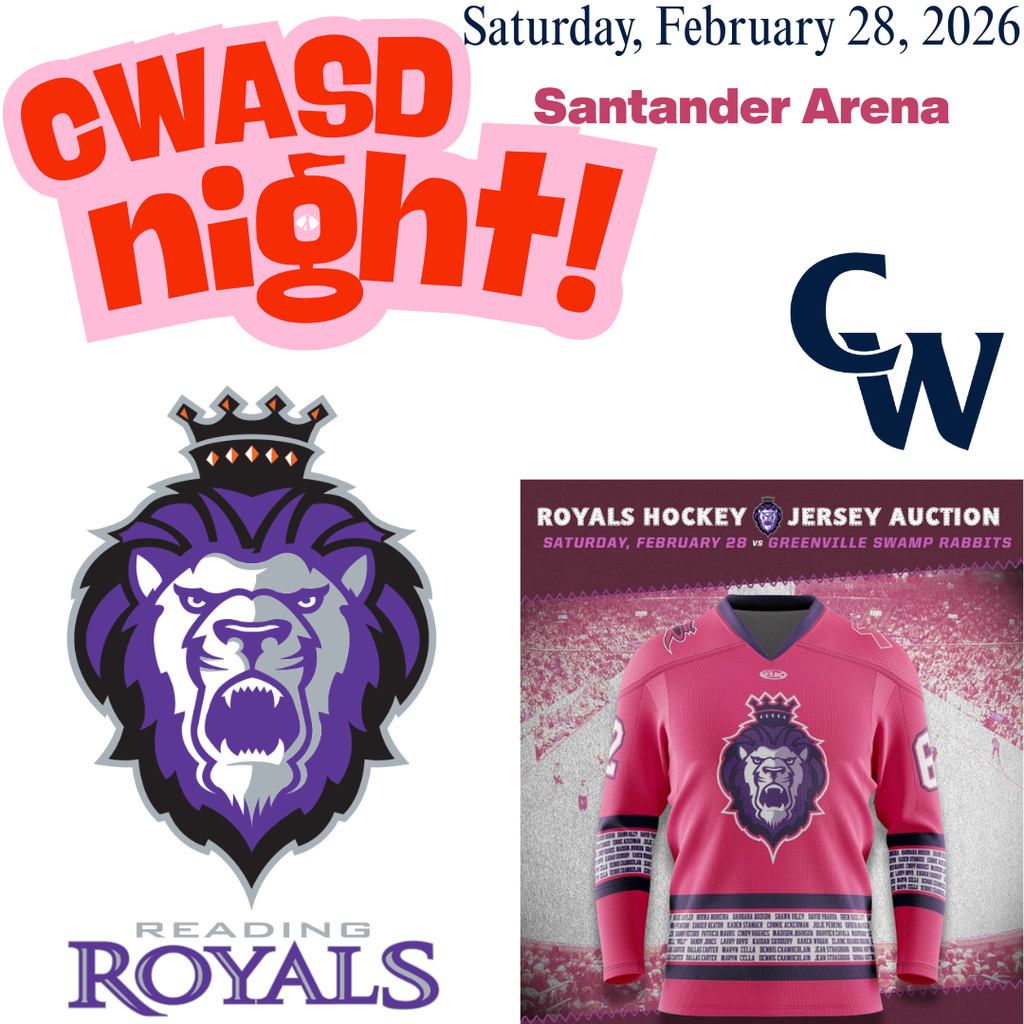 CWASD night at the reading royals. Logos for Reading Royals and CW, and a piture of a pink jhersey