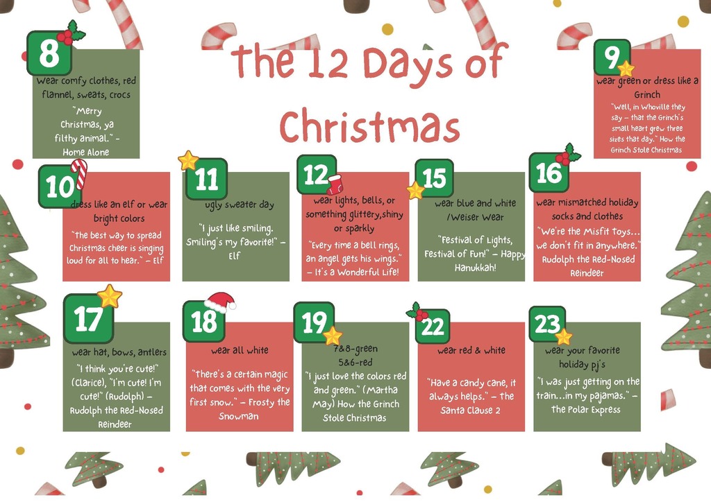 Red and White poster describing the spirit wear for the next 12 days of school