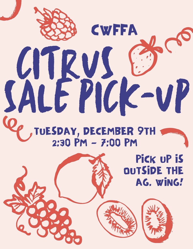 pink background with red fruit drawings, blue lettering