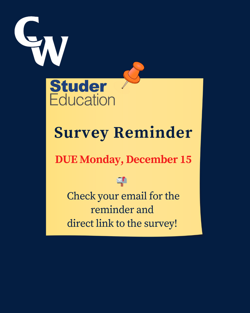 blue background, yellow postit note with survey reminder information