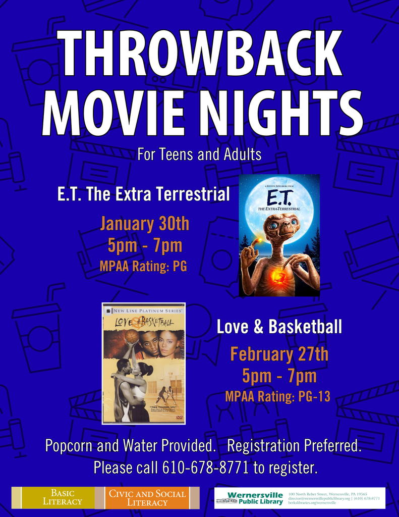 The Wernersville Public Library's first Throwback Movie Night of 2026 is on January 30th from 5-7 pm! The movie we will be watching is "E.T. The Extra Terrestrial." This is rated PG. Please register by calling us at 610-678-8771.