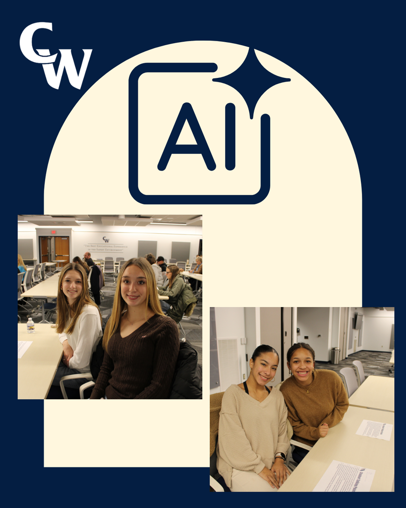 blue background, cream half circle with title of event, Pictures of students, staff, community members dicsussing AI in the HS LGI