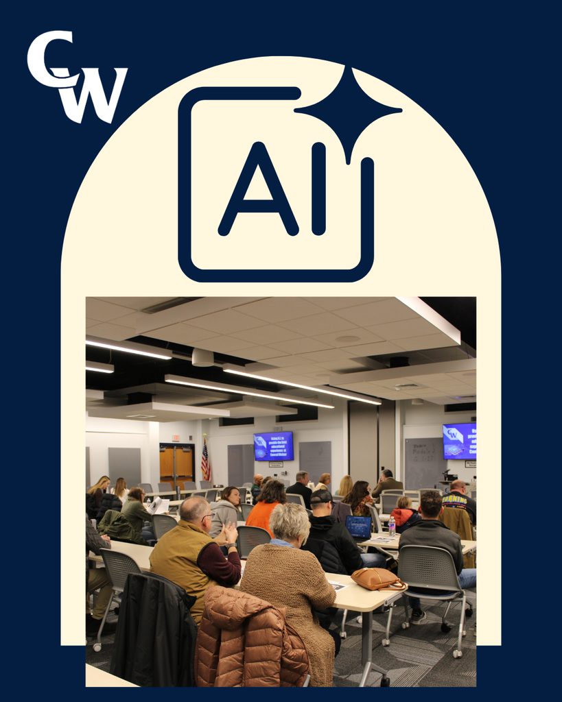 blue background, cream half circle with title of event, Pictures of students, staff, community members dicsussing AI in the HS LGI