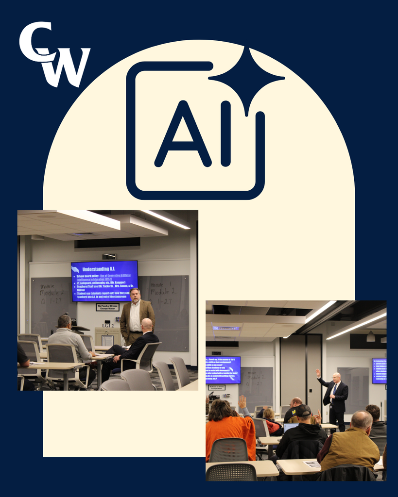 blue background, cream half circle with title of event, Pictures of students, staff, community members dicsussing AI in the HS LGI