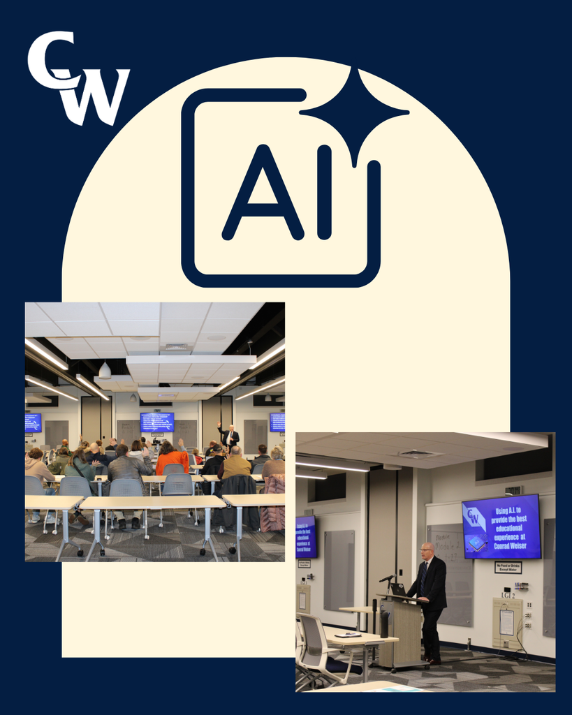 blue background, cream half circle with title of event, Pictures of students, staff, community members dicsussing AI in the HS LGI