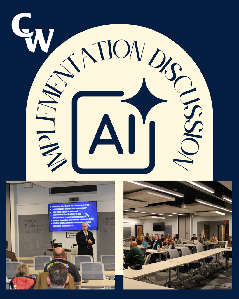 blue background, cream half circle with title of event, Pictures of students, staff, community members dicsussing AI in the HS LGI