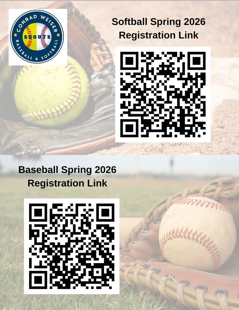 Spring Softball 2026 and Spring Baseball 2026 Registration Links and QR codes; glove and ball images in the background