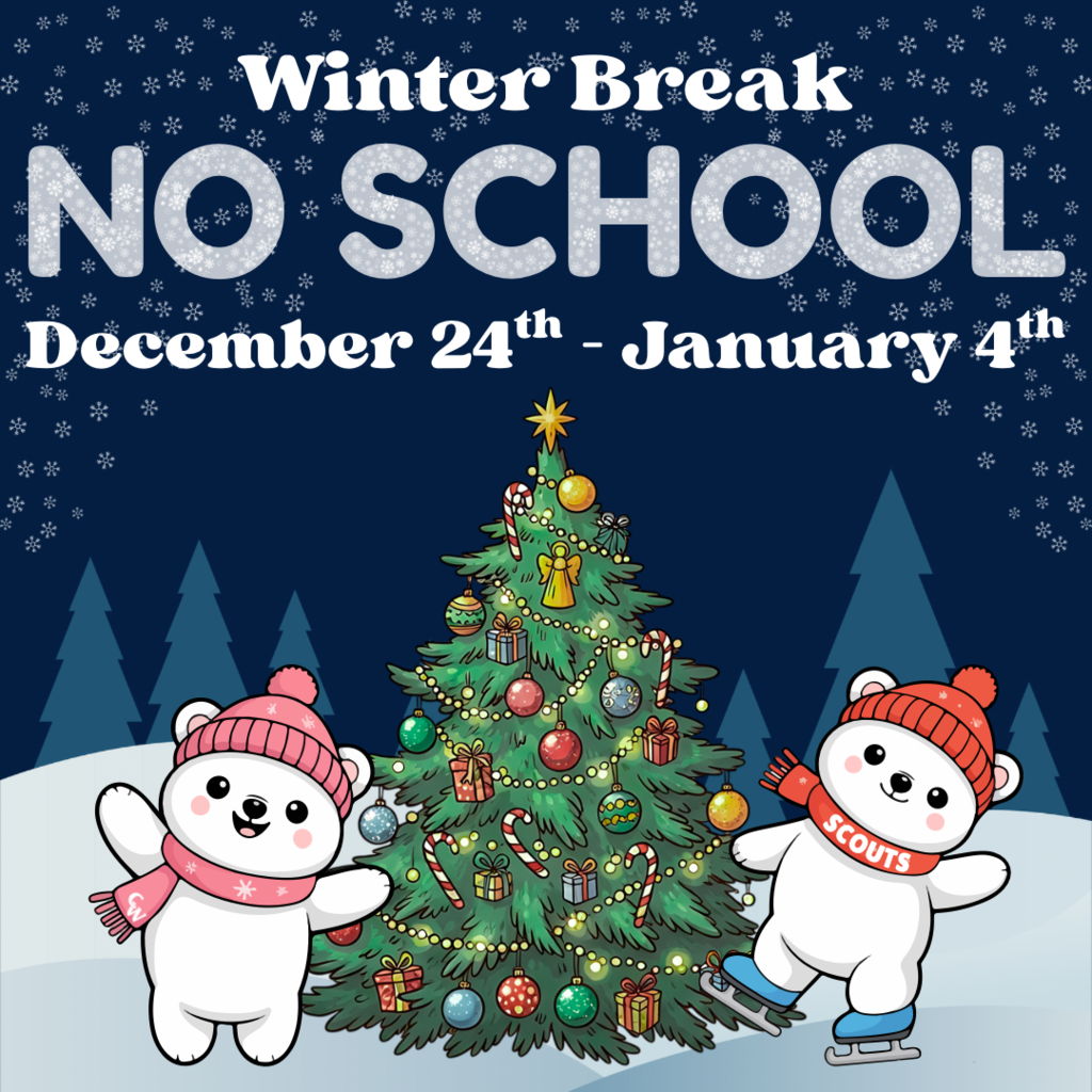 two cartoon bears dancing around a christmas tree, blue trees and snow in the back ground 