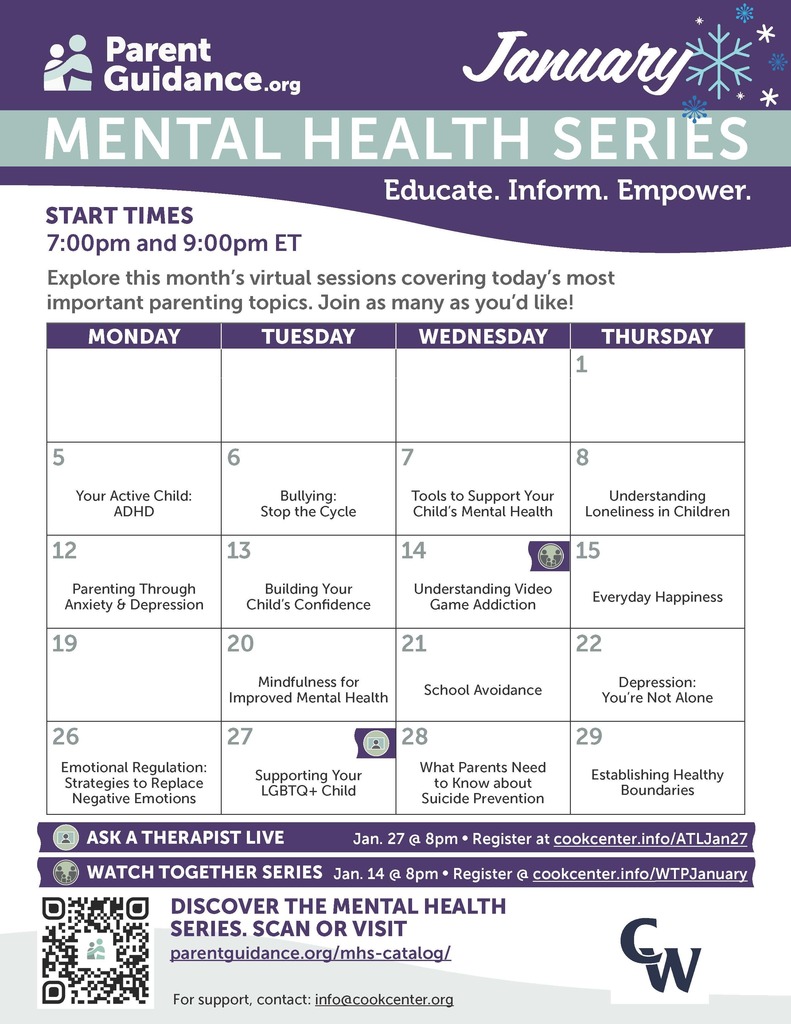 January mental health calendar; purple accents, snowflakes; link to view calendar- parentguidance.org/mhs-catalog/_