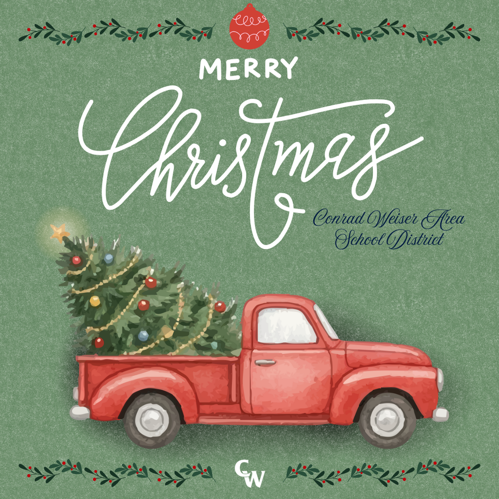green background, red truck with Christmas tree in the truck bed