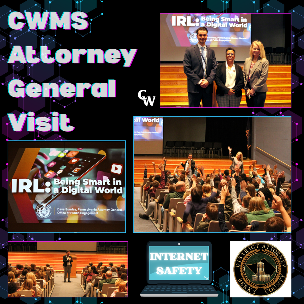 Pictures from the middle school assembly in the auditorium; children raising their hands and participating. 