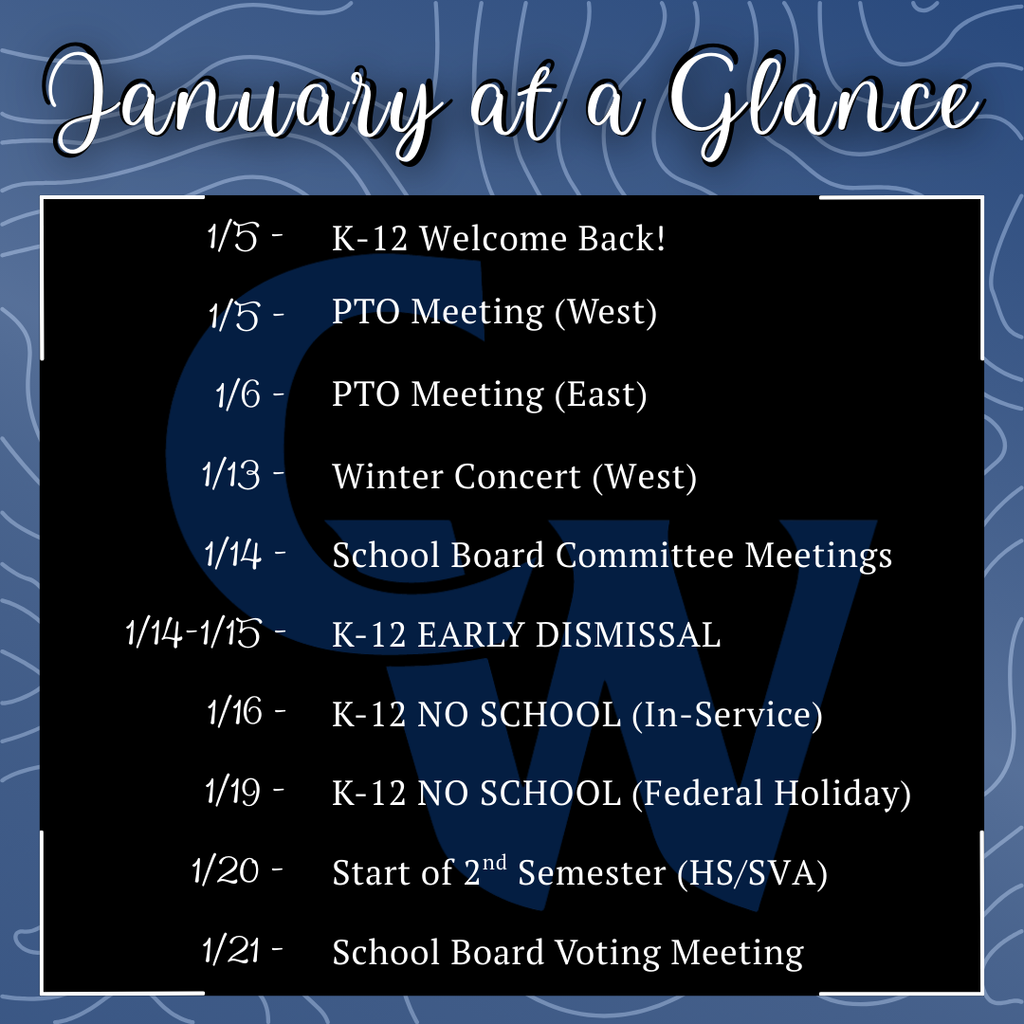 blue and black background, white type, blue CW in the background