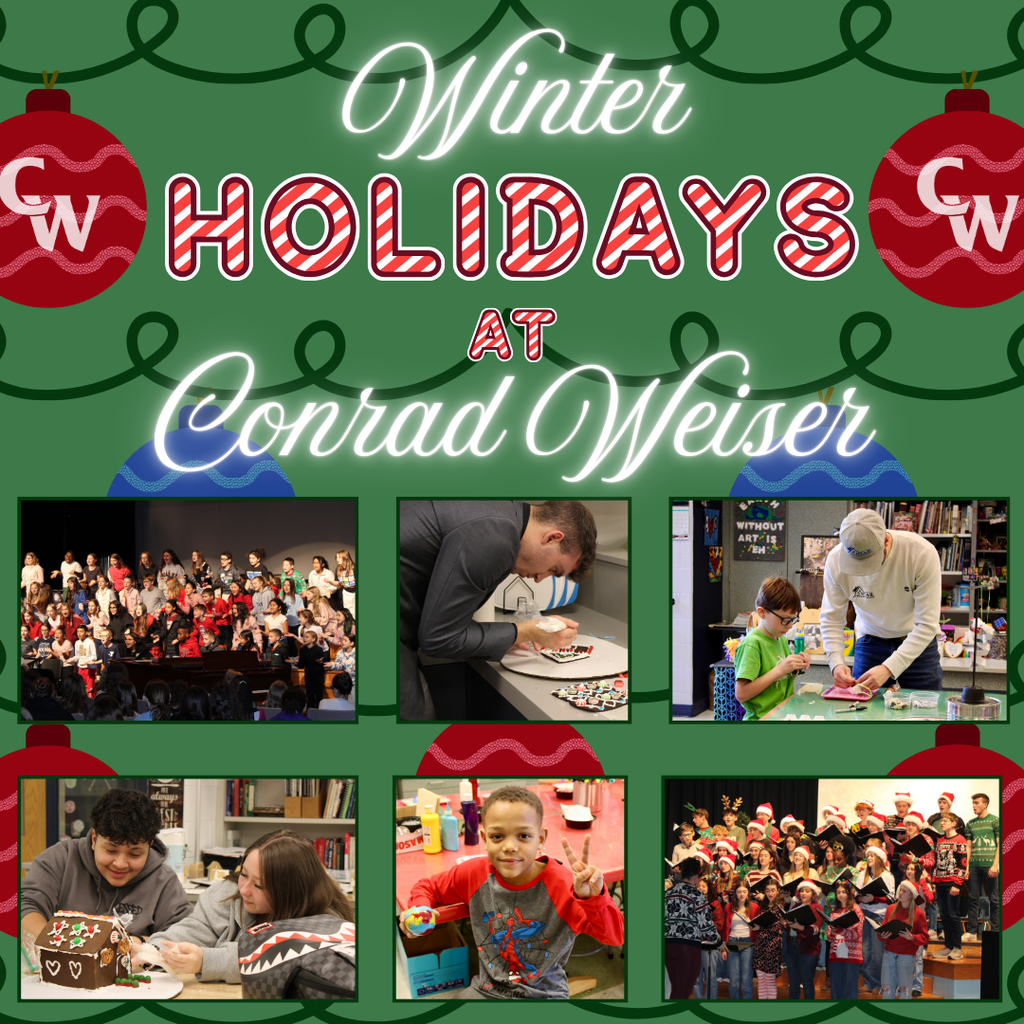 green background, holiday ornaments with white CW's, pictures of students creating holiday crafts, singing