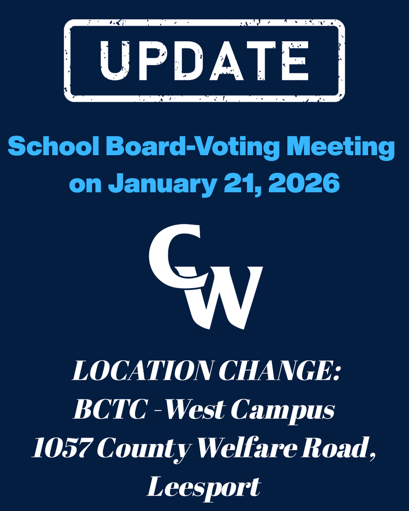 school board location change information, blue back ground, light blue and white text