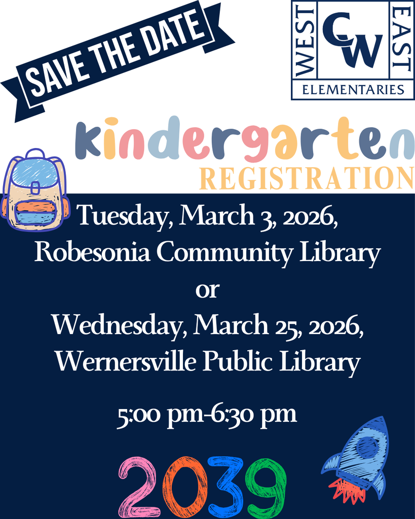 blue background, colorful wrting, West/East elementary logo, backpack and rocket crayon drawings