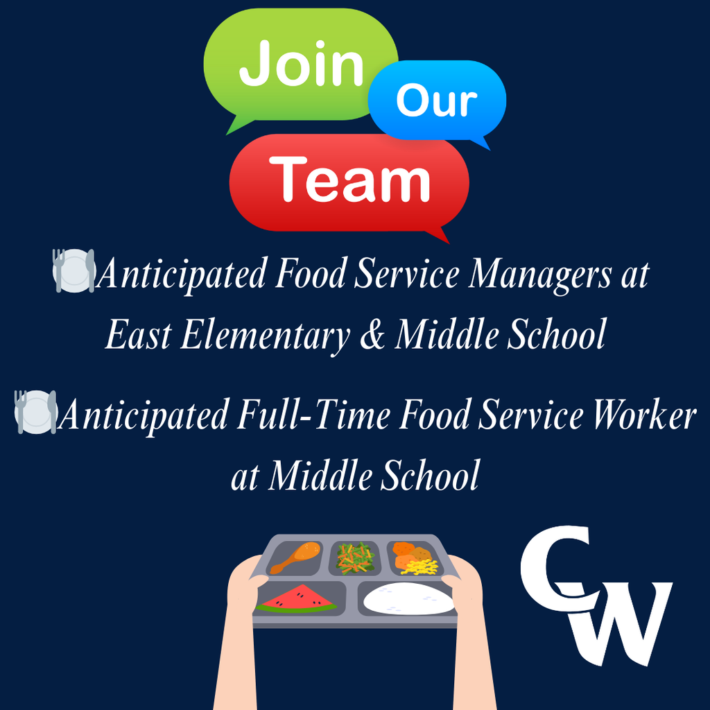 blue background, Join Our Team in colorful comment bubbles, cartoon of arms serving a food tray, white CW logo