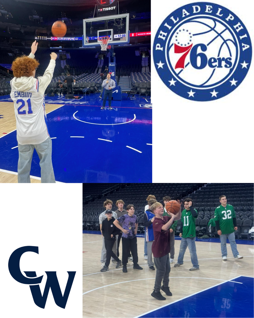 students shooting basketball on the 76ers court