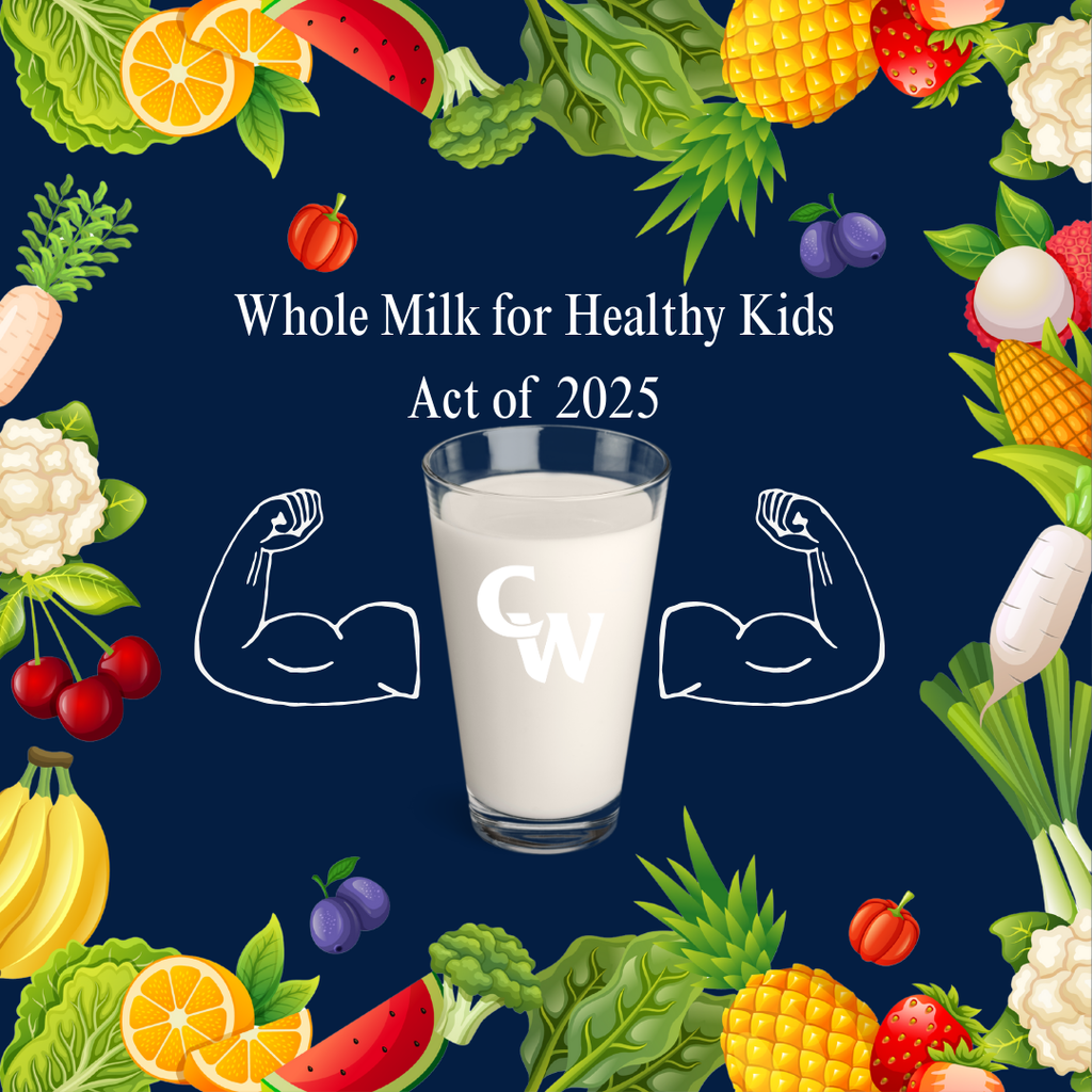 blue background, milk glass with cartoon muscles, colorful fruit and veggie border