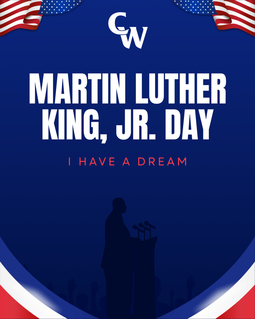 red white and blue backround, MLK speaking at a podium