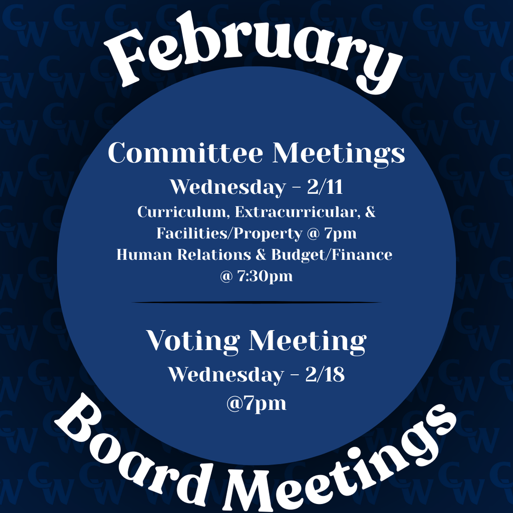 February Board Meetings information; blue and light blue, white writing