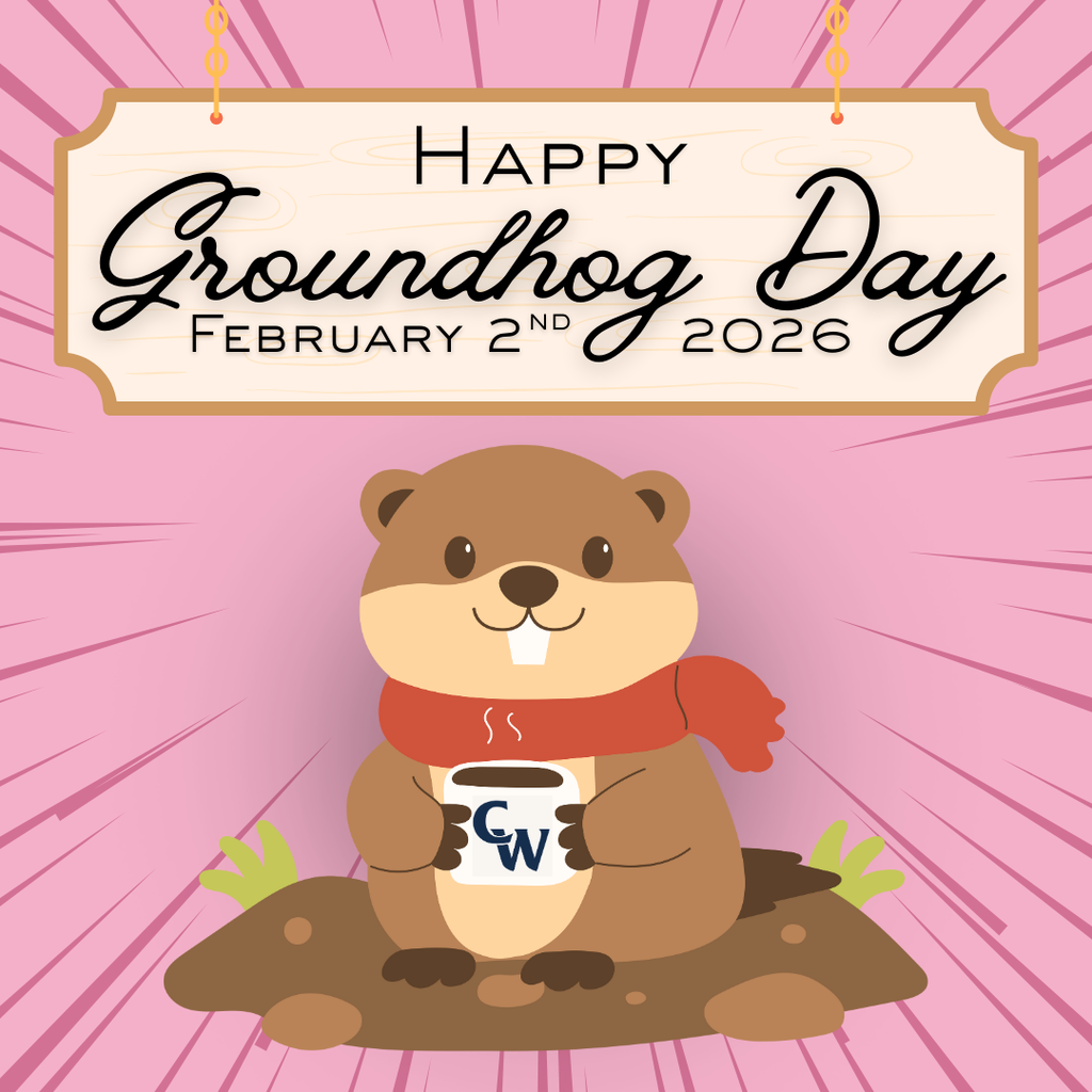cartoon groundhog holding a cup of CW cocoa