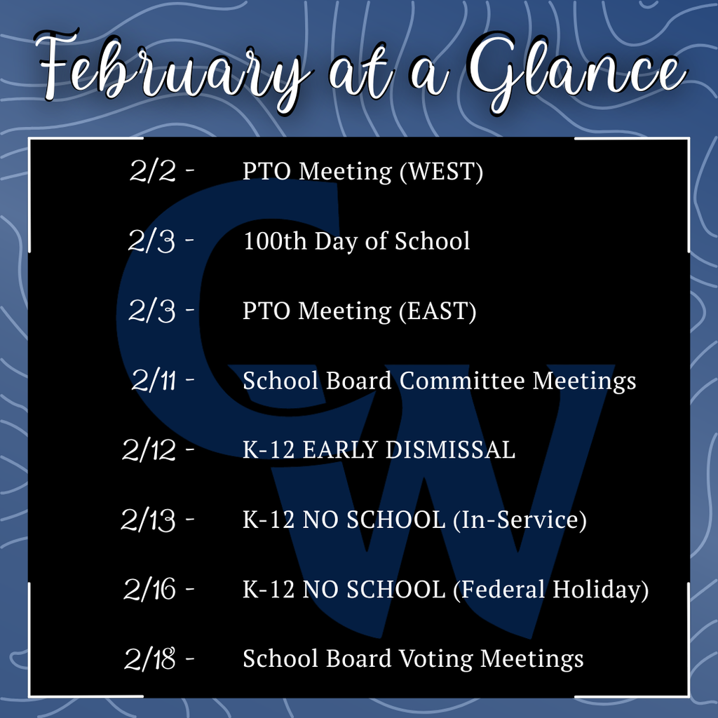 dark blue background, lighter blue CW, white writing, decorative frame