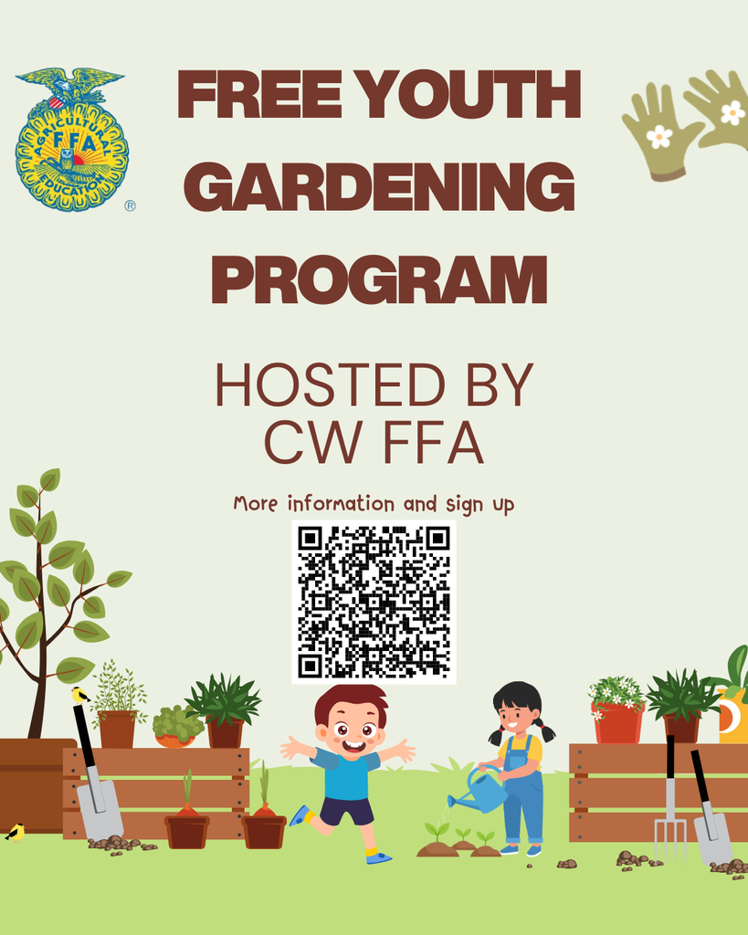 Free Youth Gardening Program hosted by CWFFA More Information and Sign Up; cartoon kids watering plants and in a garden