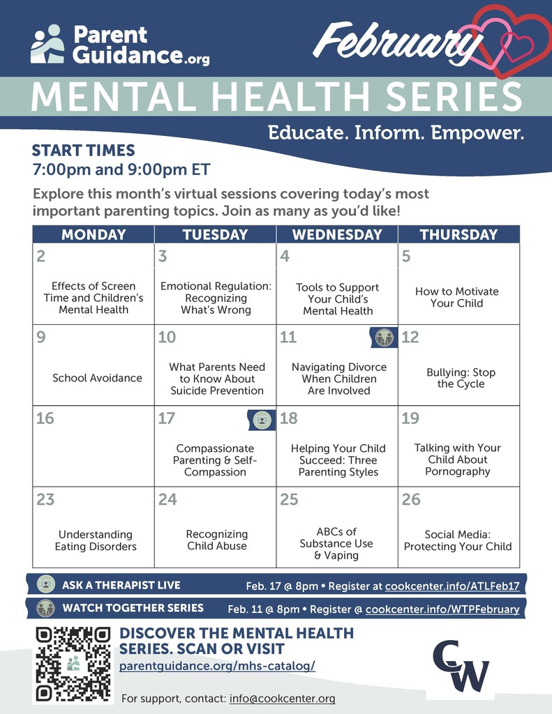 February mental health calendar from parent guidance. 