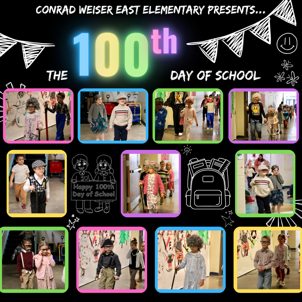 black background, pictures of young students dressed up as 100 year olds for the 100th day of school