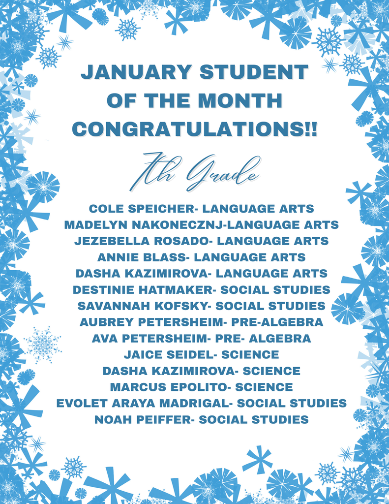 Poster with blue snowflakes on a white background for the January 2026 Students of the Month  in 7th Grade
